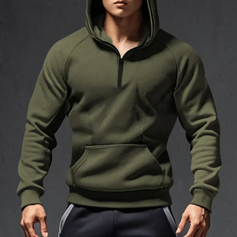 Men's Long-sleeved Casual Pullover Hooded Half-zip Color-blocked Fleece Sweatshirt