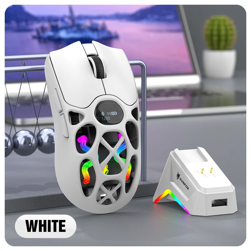 ماوس لاسلكي XUNFOX H16PRO، وصلة ثلاثية الأوضاع 2.4 جيجا هرتز/سلكي/بلوتوث 1000 هرتز 12000 ديسيبل متوحد الخواص RGB قاعدة شحن مغناطيسية