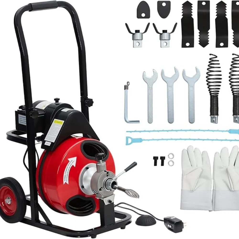 

Автоматическая подача 75 футов x 3/8 дюйма, дренажный очиститель с двигателем мощностью 200 Вт, портативный канализационный змеиный шнек с 8 резаками для труб 1–4 дюймов