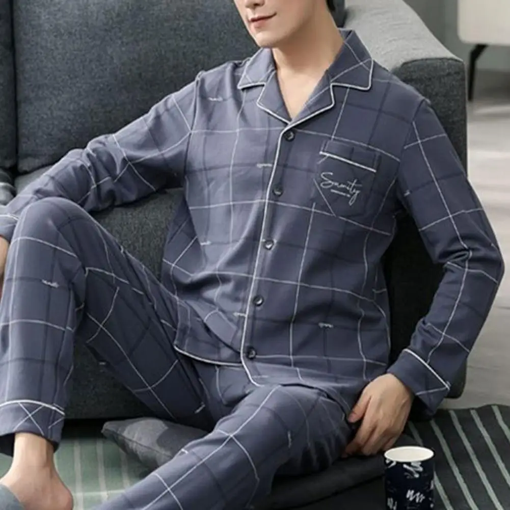 2Pcs/Set Men Pajama Set Plaid Print Lapel Long Sleeve Single Breasted Shirt Tops Elastic Waist Long Pants Set Loungewear