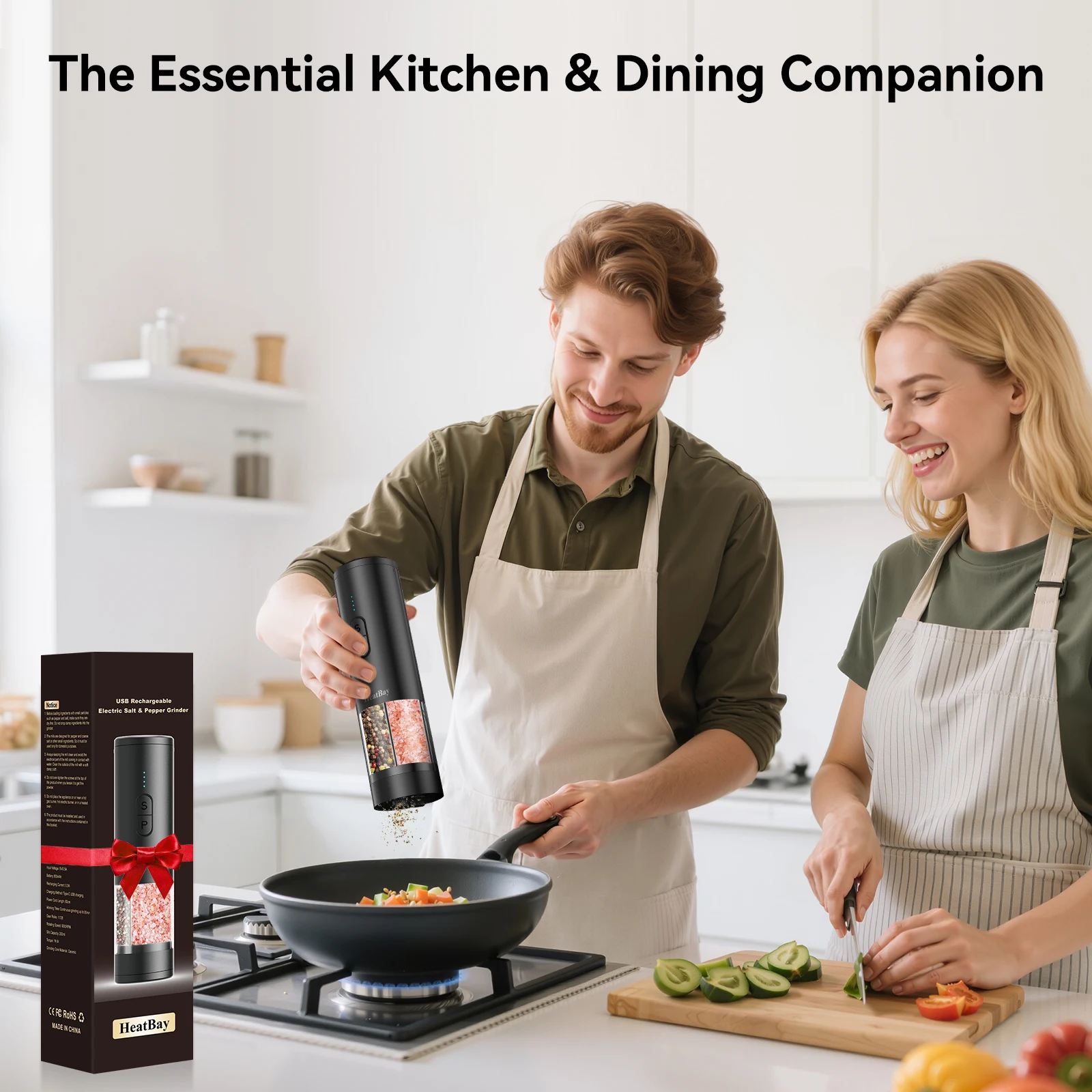 Rechargeable Pepper Grinder, LED Light, Adjustable Coarseness, Designed for One-Handed Cooking, Suitable for Home and Kitchen