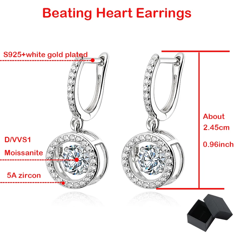 Smyoue White Gold Plated 0.5/1CT Moissanite Drop Earring for Women Sparkling Beating Heart Earring S925 Sterling Silver Jewelry