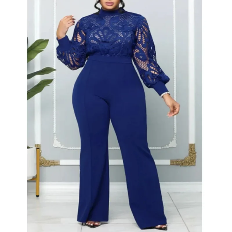 Elegant Women Jumpsuits Classy Hollow Out Lace Panel Long Sleeve Stretch One Piece Wide Leg Jumpsuits Oufits