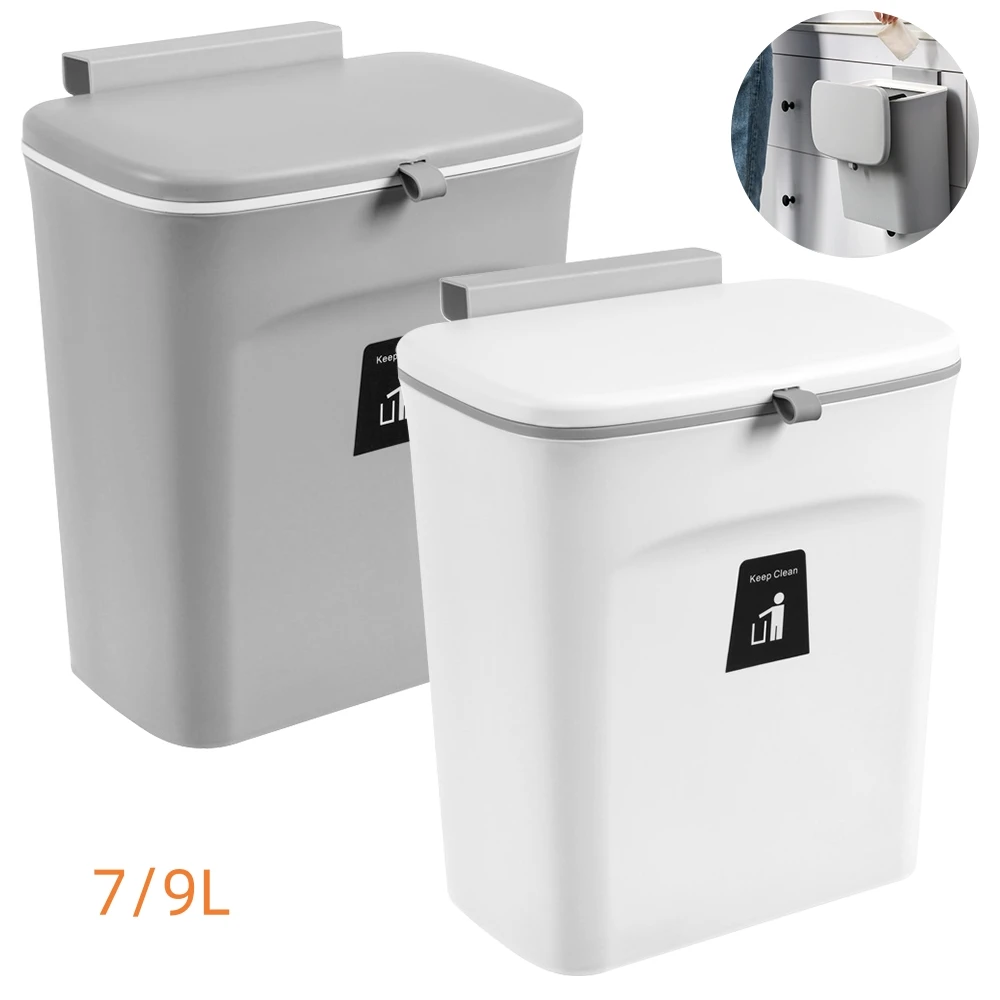 7/9L Hanging Trash Can Kitchen Trash Bin Garbage Bin Wall Mounted Bathroom Trash Can with lid Recycling Garbage Basket