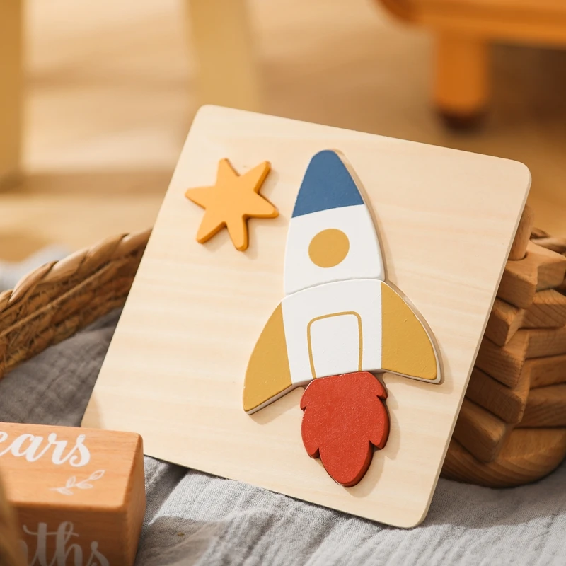 Montessori Puzzle Cartoon Rocket Board Games Wooden Creative Puzzle Education Toys for Kids Wooden Toy 3D Puzzles Learning Toys