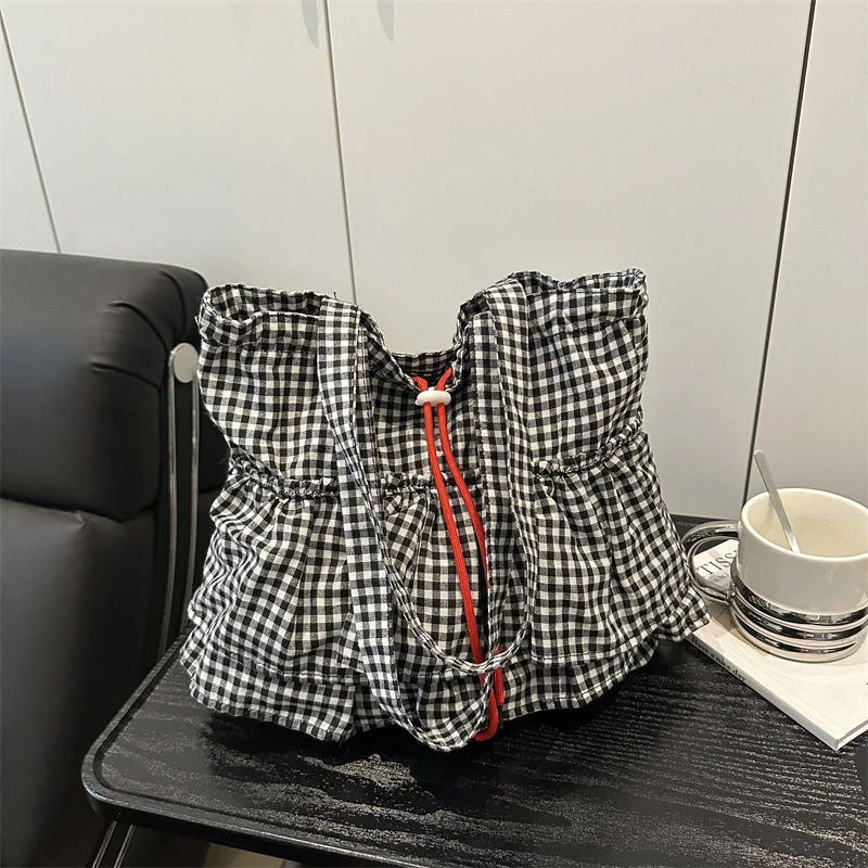 Cute Plaid Canvas Tote Bag Women's Large Capaci Faionable Buet Sle Oulder Bag Korean Sle Pure E-commerce Ss