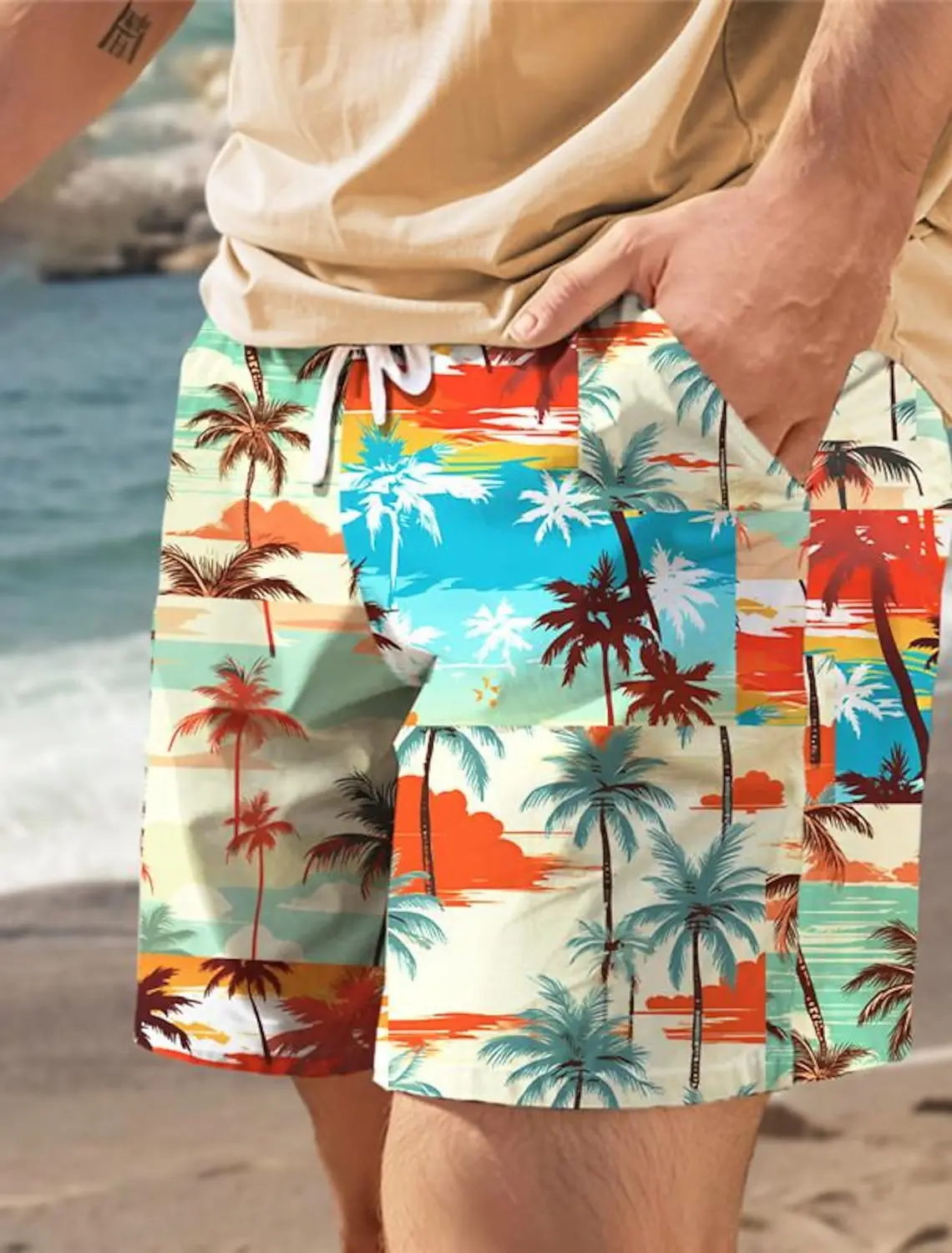 Fashion Palm Tree Tropical Printed Men's Board Shorts Hawaiian Swim Trunks Drawstring Comfort Breathable Vacation