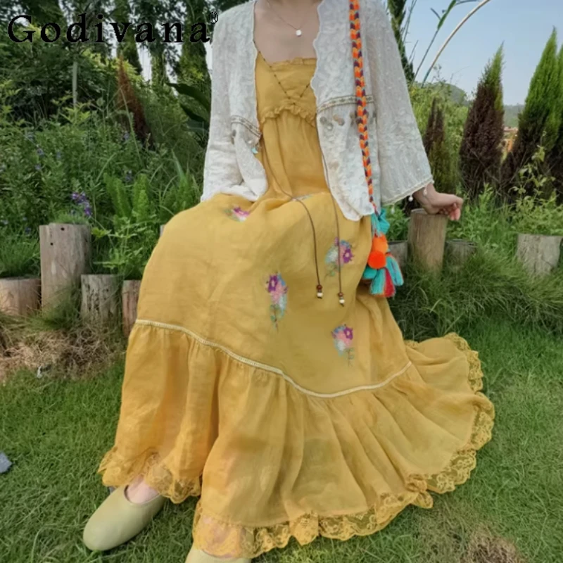 

Spring Summer New High Waist Retro Suspender Dresses Fashion Versatile Age Reduction Sweet Lace Leisure Loose Women Long Dress