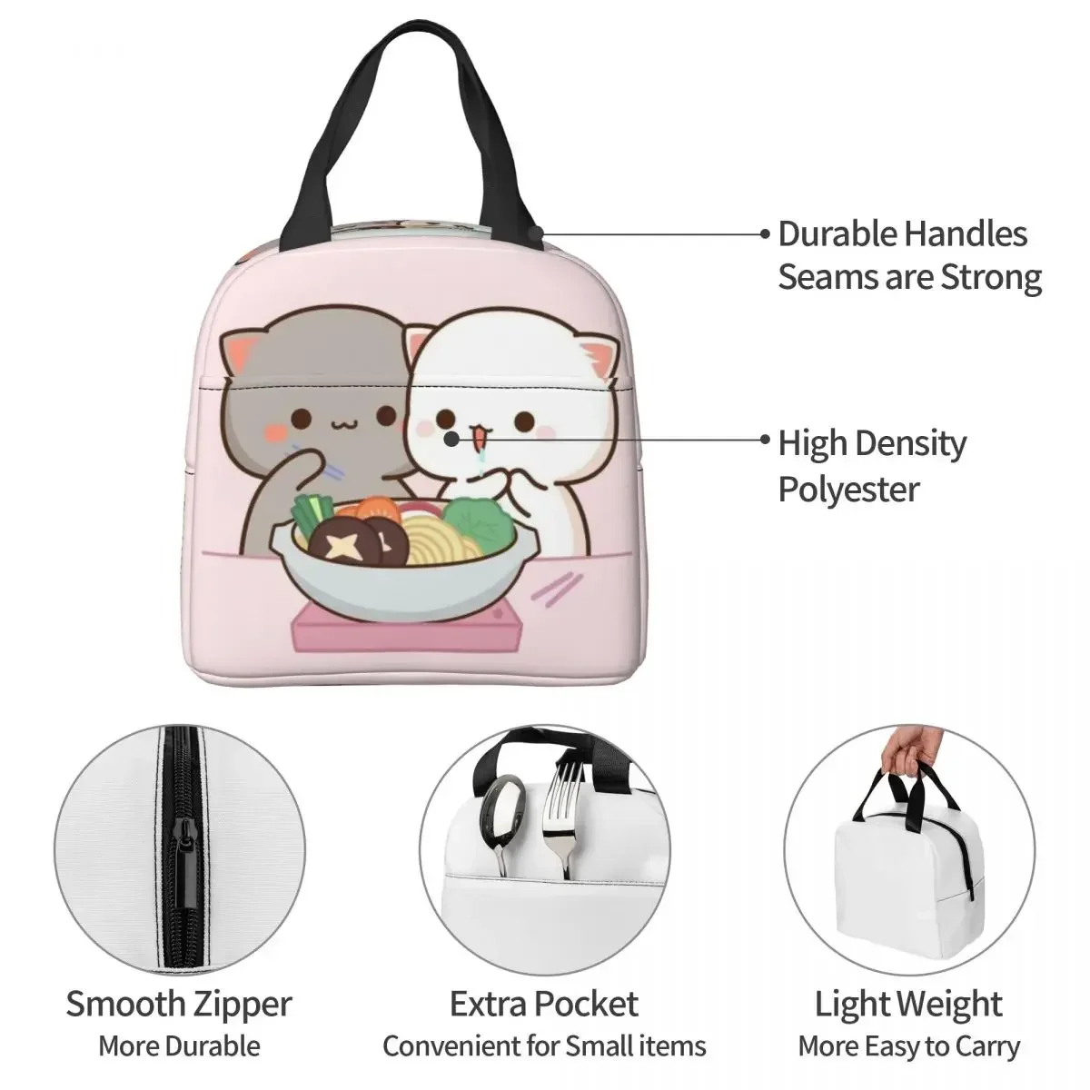 Cartoon Mochi Cat Peach And Goma Lunch Box Women Resuable Leakproof Cooler Thermal Food Insulated Lunch Bag Kids School Children