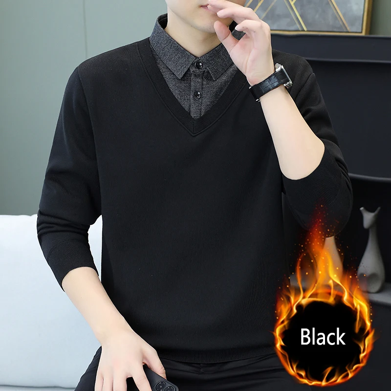 Men's Fake Two Piece Shirt Collar Fleece Lined Warm Long Sleeve Pullover Business Casual Daily Fall Winter Base Layer 1 Pack