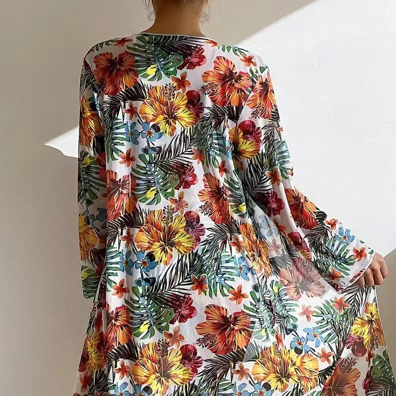 2024 Luxe Sexy Hoge Taille Bikini Drie Stukken Bloemen Gedrukt Badpak Vrouwen Bikini Set Met Mesh Lange Mouwen Blouse vrouwelijke