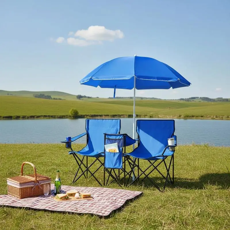 

Portable Folding Picnic Double Chair with Umbrella-Blue
