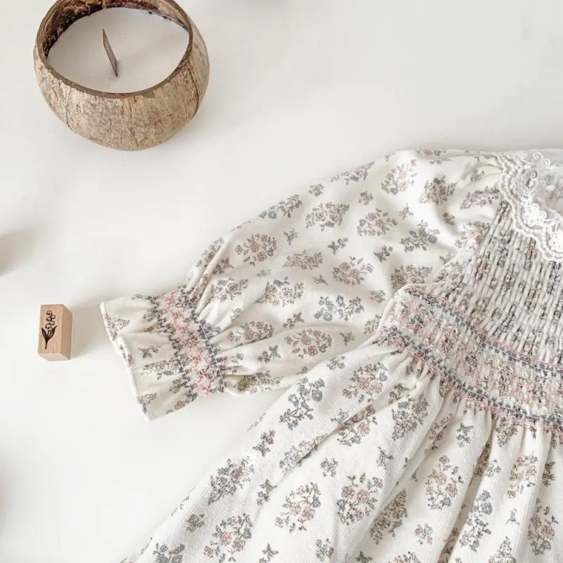 2024 Autumn Winter Flower Printing Girls Dress Long Sleeves Girl Dresses Smocked Children Vestidos Lace Collar Boutique Clothing