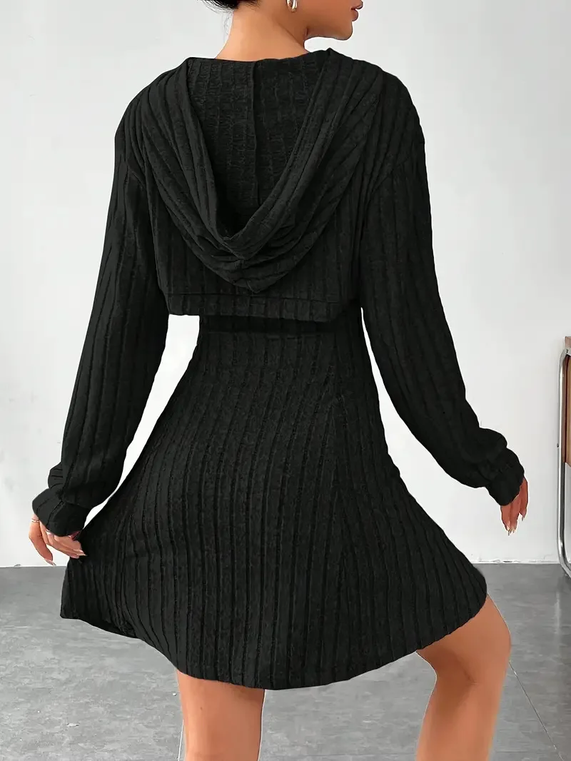 Hooded Knitted 2 Piece Set Women Long Sleeve Crop Top + Mini Dress Cut Out Slim Fit High Waist Winter Casual Date Bodycon Outfit