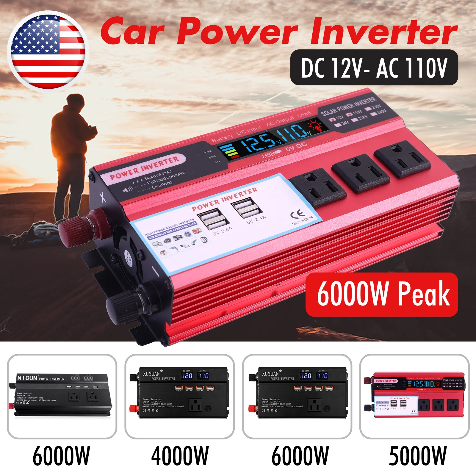 Car Power Inverter Power Pure Sine Wave 5000W DC 12V To AC 110V Converter LCD 4 USB Ports For Vacations Outdoors Emergency