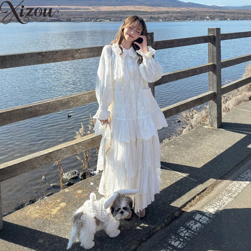 Sweet Girl Shirt Heavy Coat Women Ruffle Collar Loose Spring Autumn Black Lolita Puff Sleeve Peter Pan Collar Ruffles Girl Top