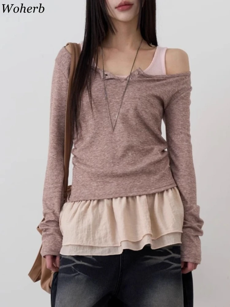 

New Fake Two Pieces Slim Fit Pleated Tshirts for Women Patchwork Ruffled Long Sleeve Tees Korean All Match Sweet Fashion T-shirt