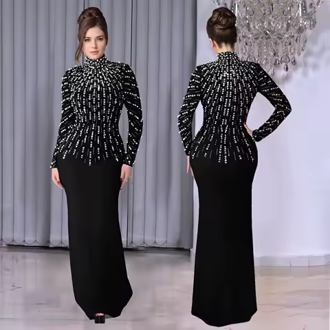 Temperament Elegant Party Diamond Pearl Long Bodycon Dress Women O Neck Long Sleeve Glitter Club Evening Black Sheath Maxi Dress