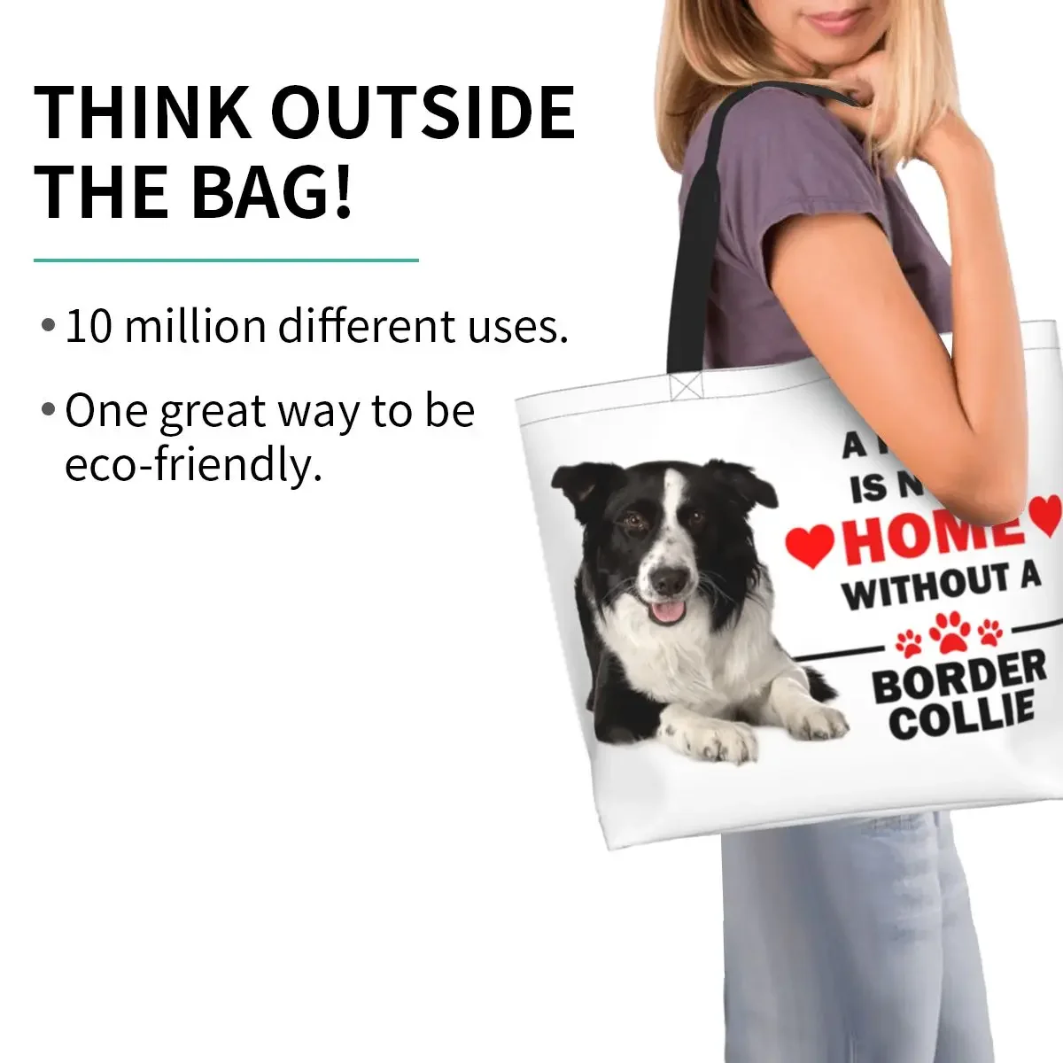 Fashion Printing A House Is Not A Home Without A Border Collie Shopping Tote Bags Recycling Canvas Shopper Shoulder Handbag