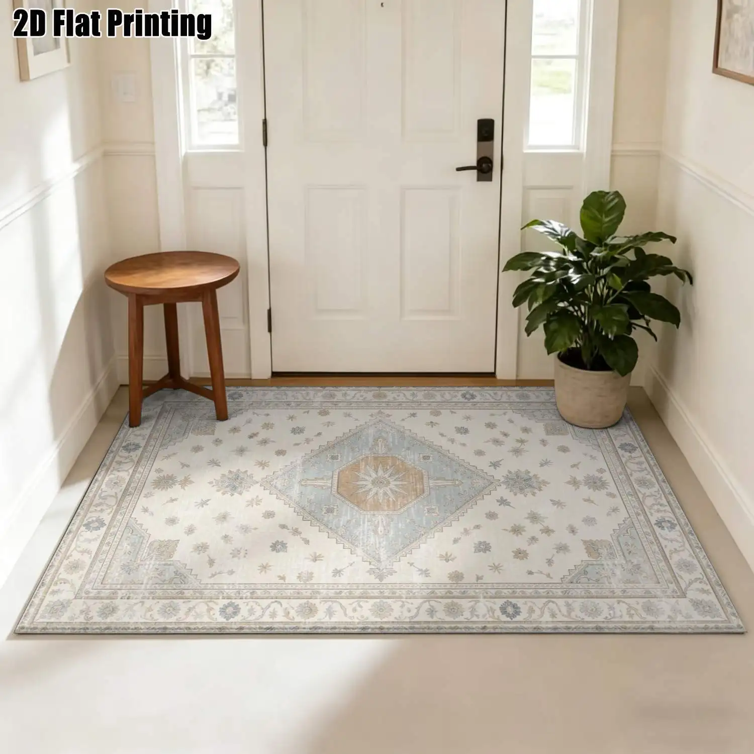 1Pc 2D Printed Carpet: Beige-Blue Retro Star Pattern, European-Style, Home Decor, Multiple Sizes, Machine Washable, Multi-Scene Use