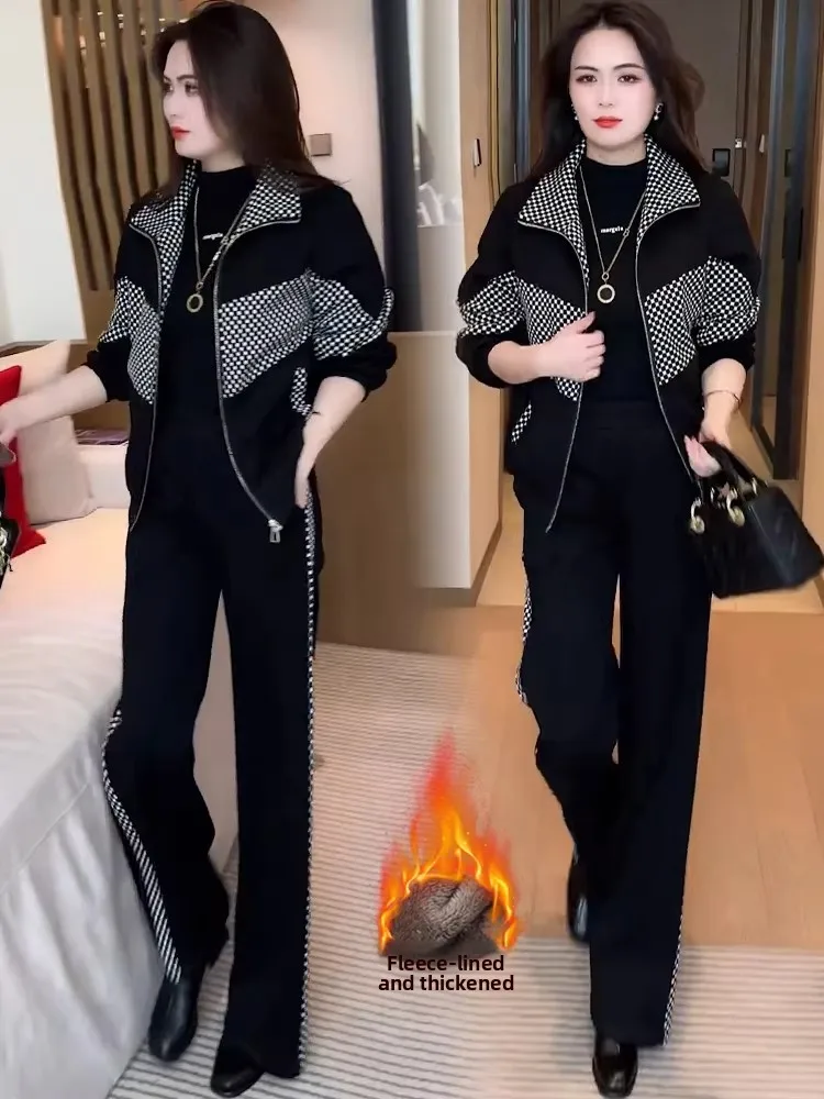 

Thickened Fleece Casual Set Women Winter New Fashion Plaid Splicing Stand Collar Coat Wide Leg Pants Two Piece Set Trendy