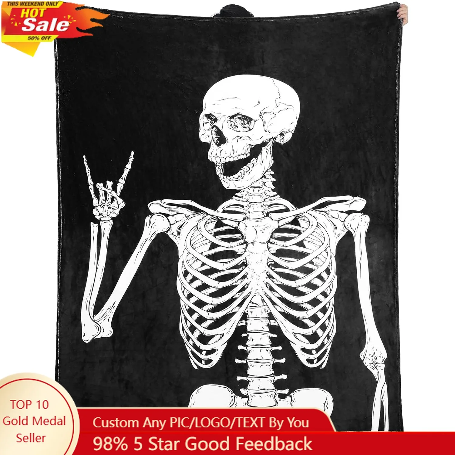 

WILLBOND Rock and Roll Skull Blanket Halloween Skeleton Throw Blankets Inches Goth Blanket Music Flannel Soft Skulls Gif