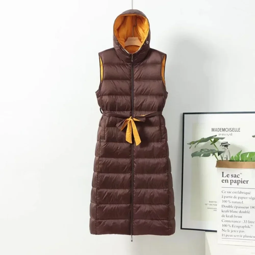 2024 New Autumn Winter Warm Lightweight Duck Down Puffer Sleeveless Tank Long Hooded Down Waistcoat Women Slim Waistband Coat