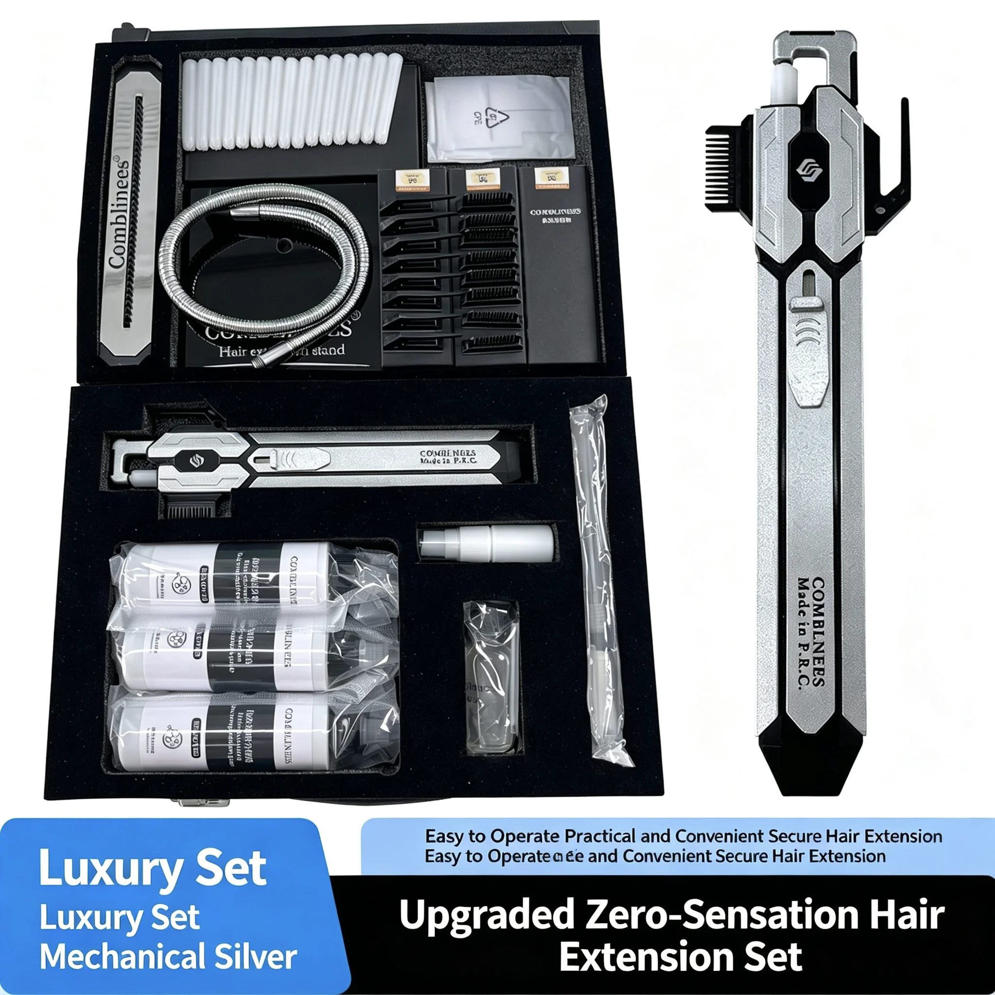 Kit de Extensiones de Cabello Profesional Comblinees con Gel Adhesivo de Secado Rápido, Sin Luz UV, Larga Duración, Cabello Humano sin Costuras