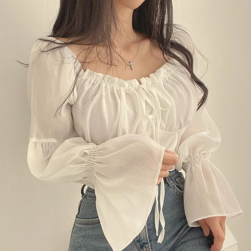 Pure Wind Snow Spinning Long Sleeve One Shoulder Tie Rope Sexy French Gentle Wind Short Shirt Women\'s Top Autumn New Collection