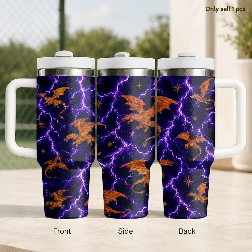 Cool Lightning Dragon Vacuum Flasks 40oz Stainless Steel Insulated Tumbler with Handle & Straw Leakproof Travel Mugorders for other colors will be shipped randomly in black or white