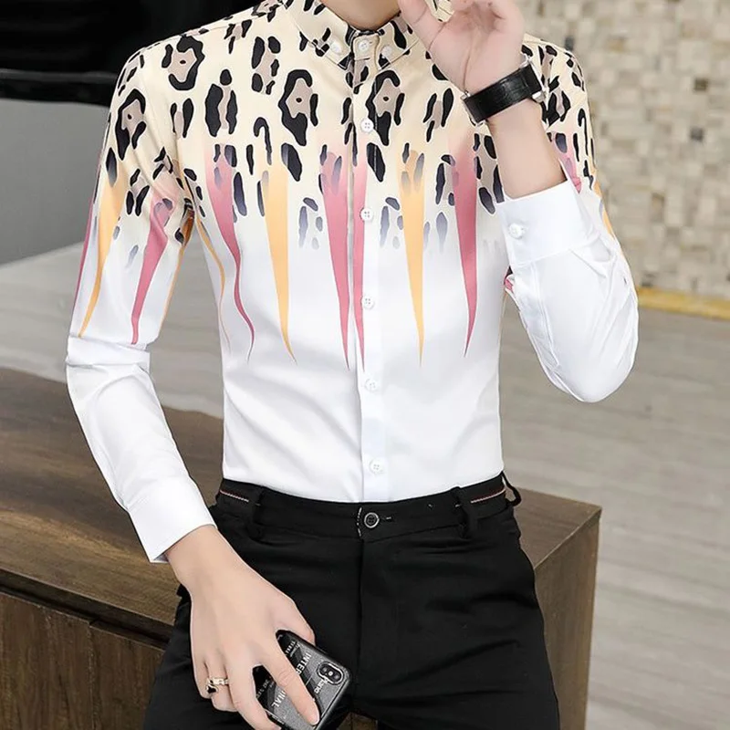 Fashion Lapel Button Spliced Loose Printed Korean Shirt Men's Clothing 2022 Autumn New Oversized Casual Tops All-match Shirts