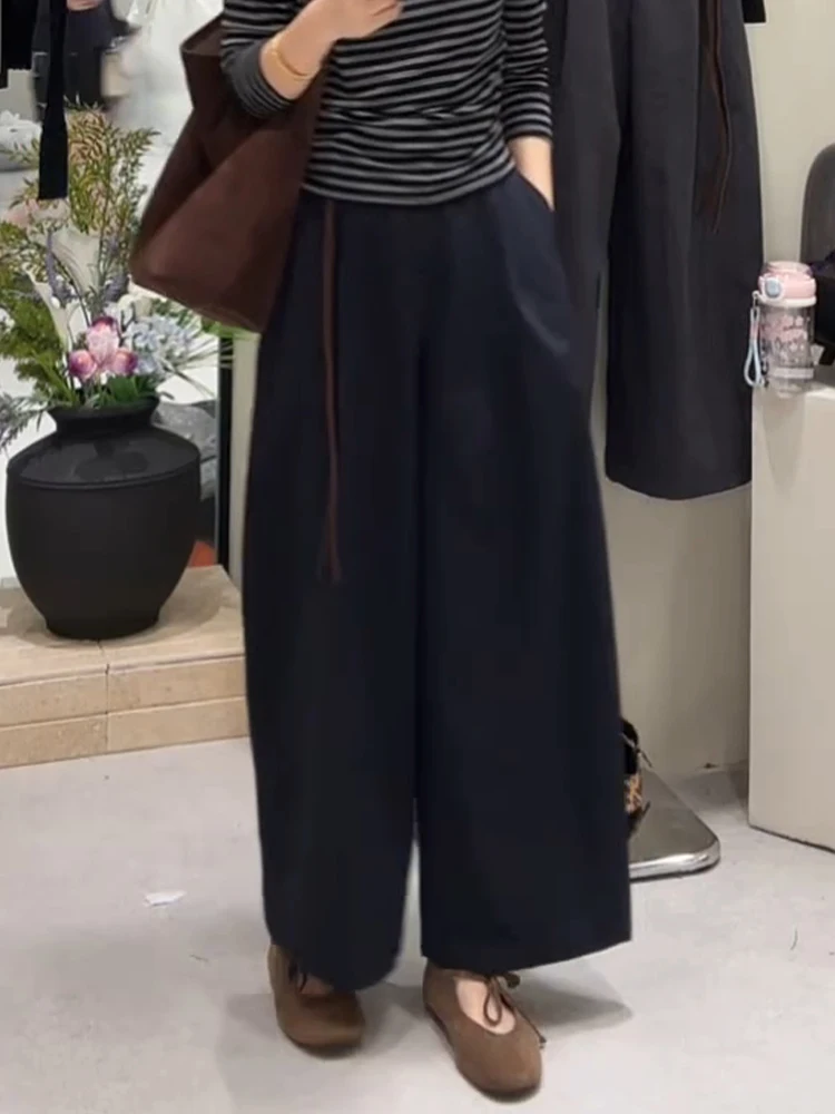 

Женские брюки с высокой талией, широкими штанинами и завязками, повседневные, прямого кроя, с защитой от скатывания, складной дизайн, осенняя новинка в корейском стиле