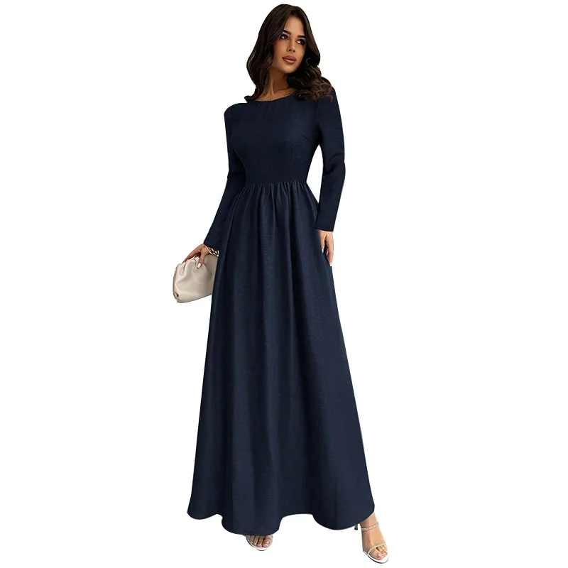 New Autumn Simple Elegant Long Dresses For Women Round Neck Long Sleeve High Waist Temperament Female Fashion Style Dress Robes