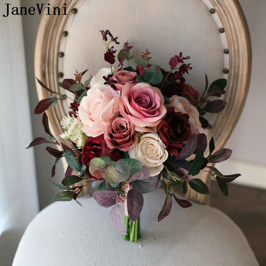 JaneVini Western Style Silk Flowers Wedding Bouquet Artificial Burgundy Roses Pink Bride Flower Vintage Bridal Bouquet De Fleur