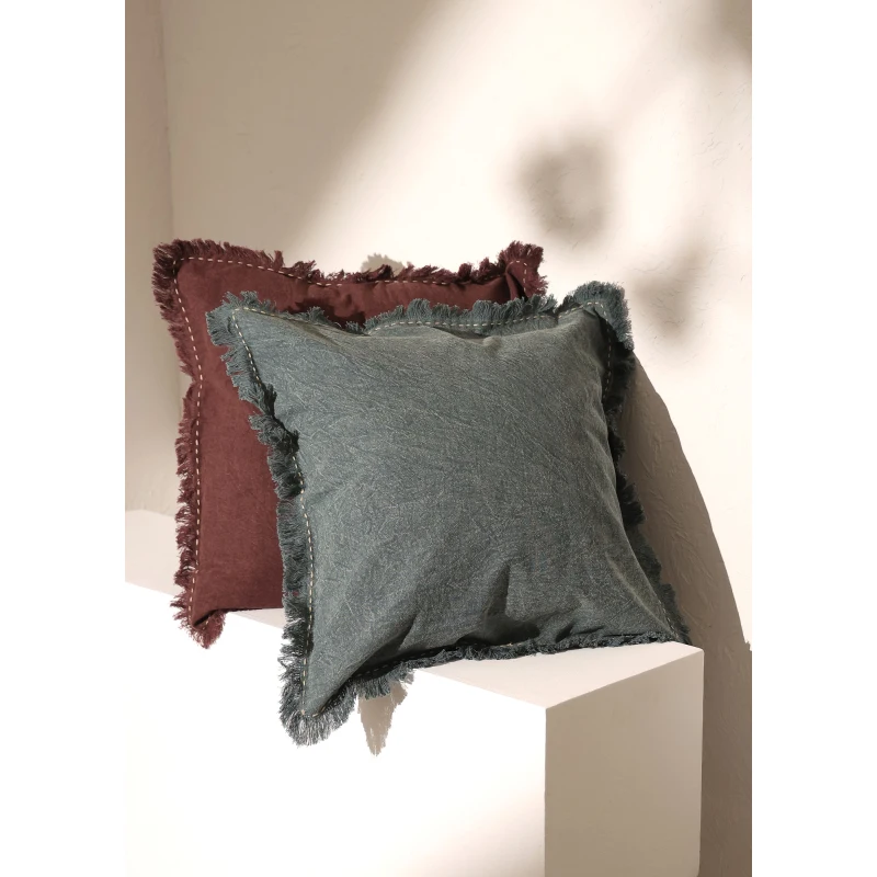 

Stonewashed Linen Throw Pillow with Handworked Edges & Fringe -22X22