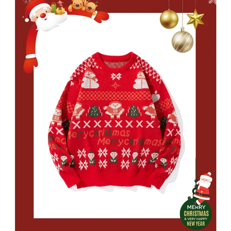 

Winter Christmas Knitted Pullover Men Couple Sweater Fleece-lined Thicken Warm Sweaters Loose Fit Hoodies Family Party Clothes
