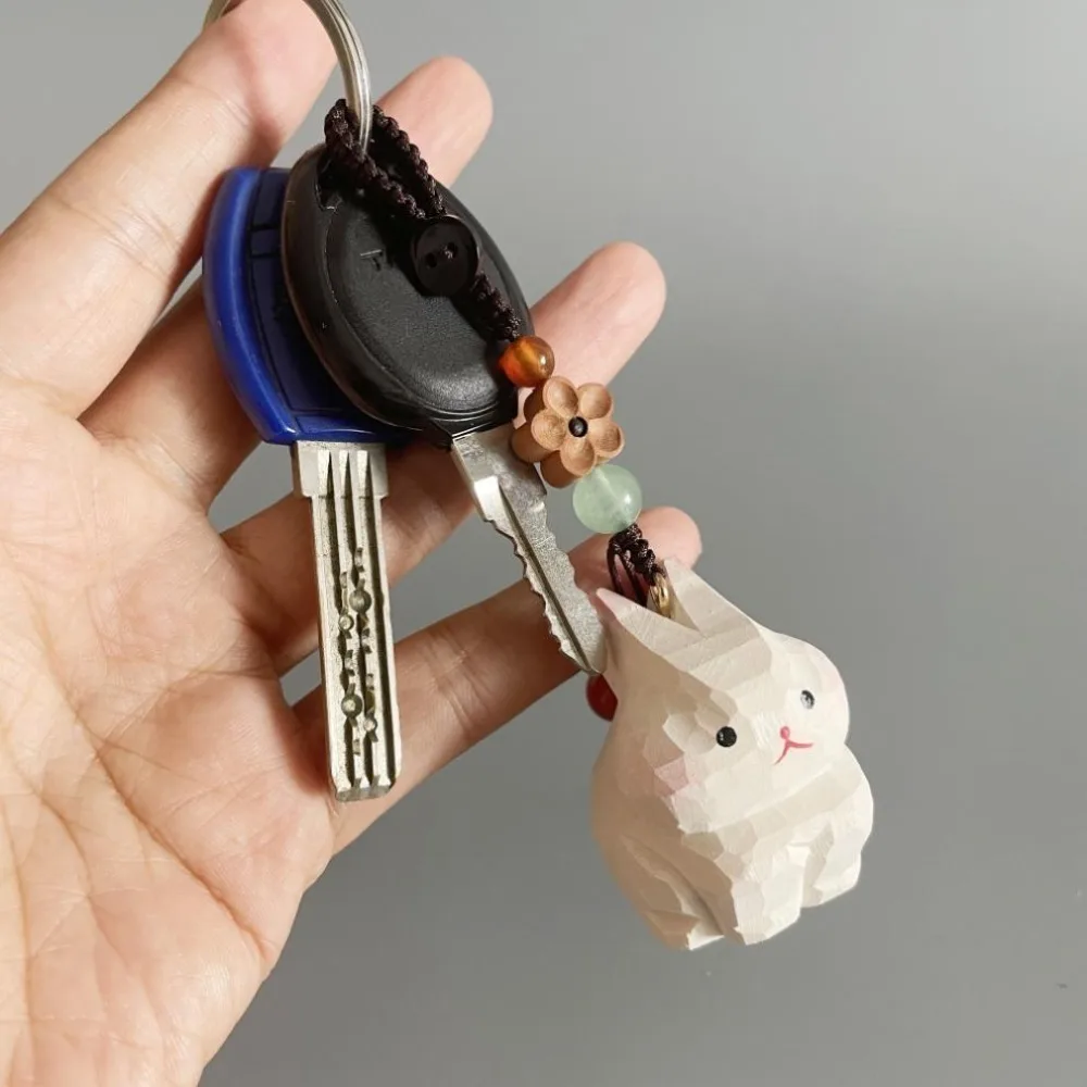 

Flower Wooden Carved Rabbit Keychain Beads Cartoon Animal Wood Rabbit Dolls Pendant Bag Hanging Ornaments Car Keyring Students