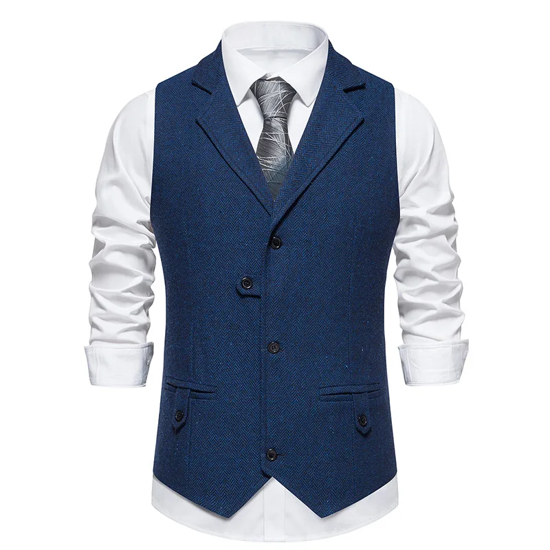 

Mens Blue Herringbone Tweed Suit Vest Vintage Lapel Wool Blend Vest Waistcoat Men Party Wedding Prom Vests Chaleco Hombre XXL