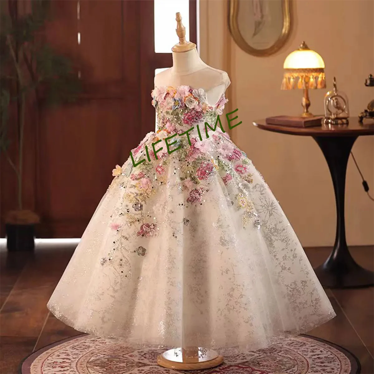 Floral Luxury Long Handmade Flowers Beads Girl Dress for Princess Wedding Birthday Party Gowns vestidos de novia
