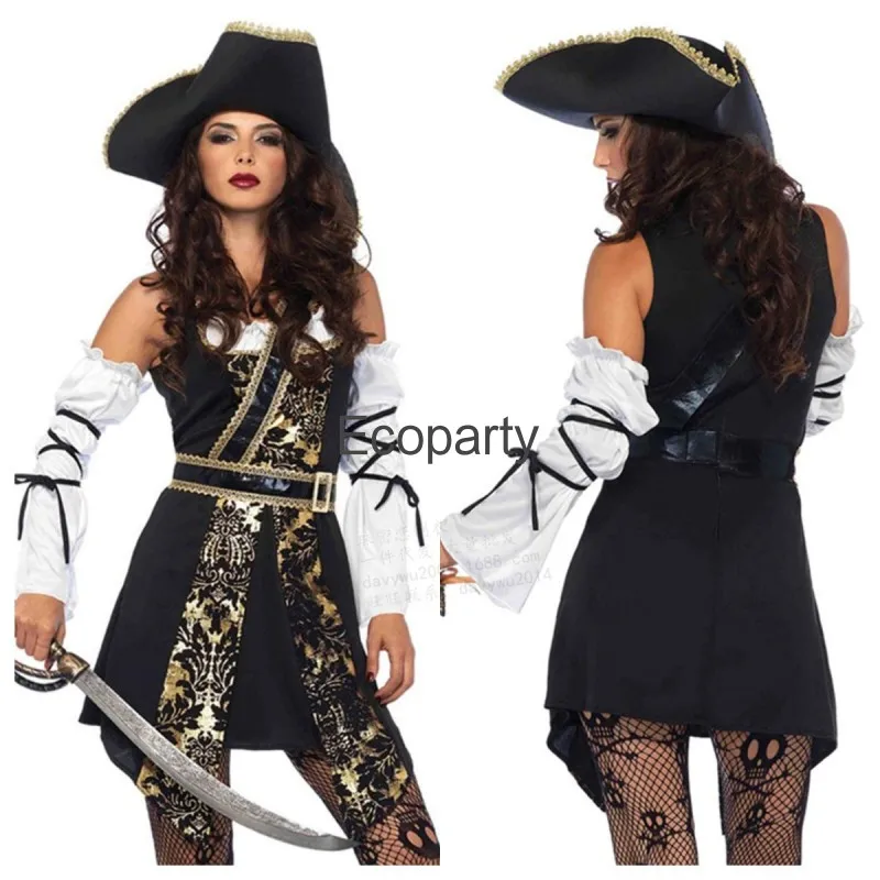 Vrouwen Halloween Caribbean Piraten Kostuum Sexy Gothic Piraat Kapitein Cosplay Jurk Hoed Set Vrouwelijke Purim Carnaval Feest Kleding