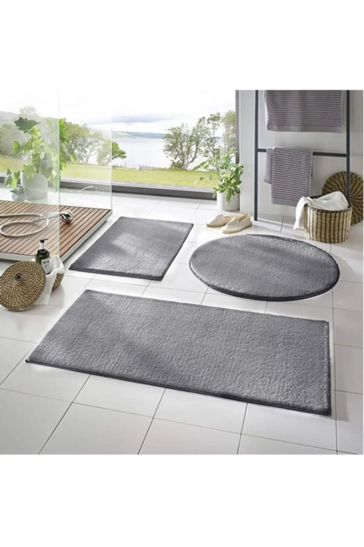 Bath Mat Triple Set Gray 5 Colors Plush Non-Slip Base Washable Bathroom Mat Floor Carpet Easy To Clean