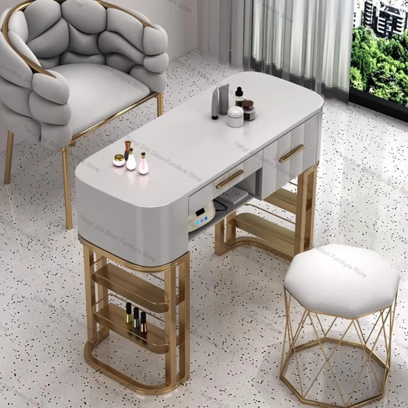 Modern Marble Tabletop Manicure Table Golden Storage Reception Nail Table Cream Style Salon Japanese Furniture Mesa De Uñas LLMT