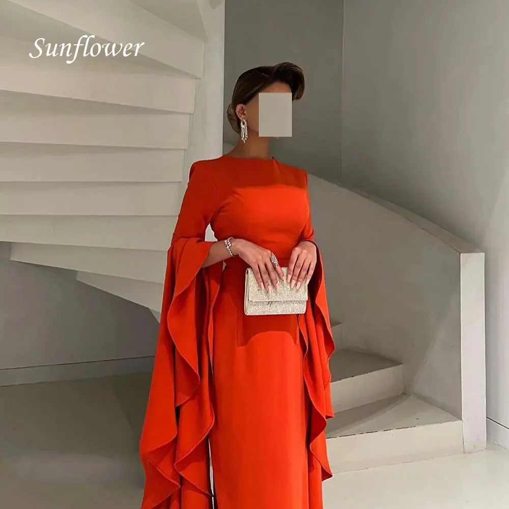 Sunflower Orange Saudi Arabia O-Neck Mermaid Evening Dresses Bell Sleeve Crepe Formal Occasion Dresses Floor-Length Party Gowns