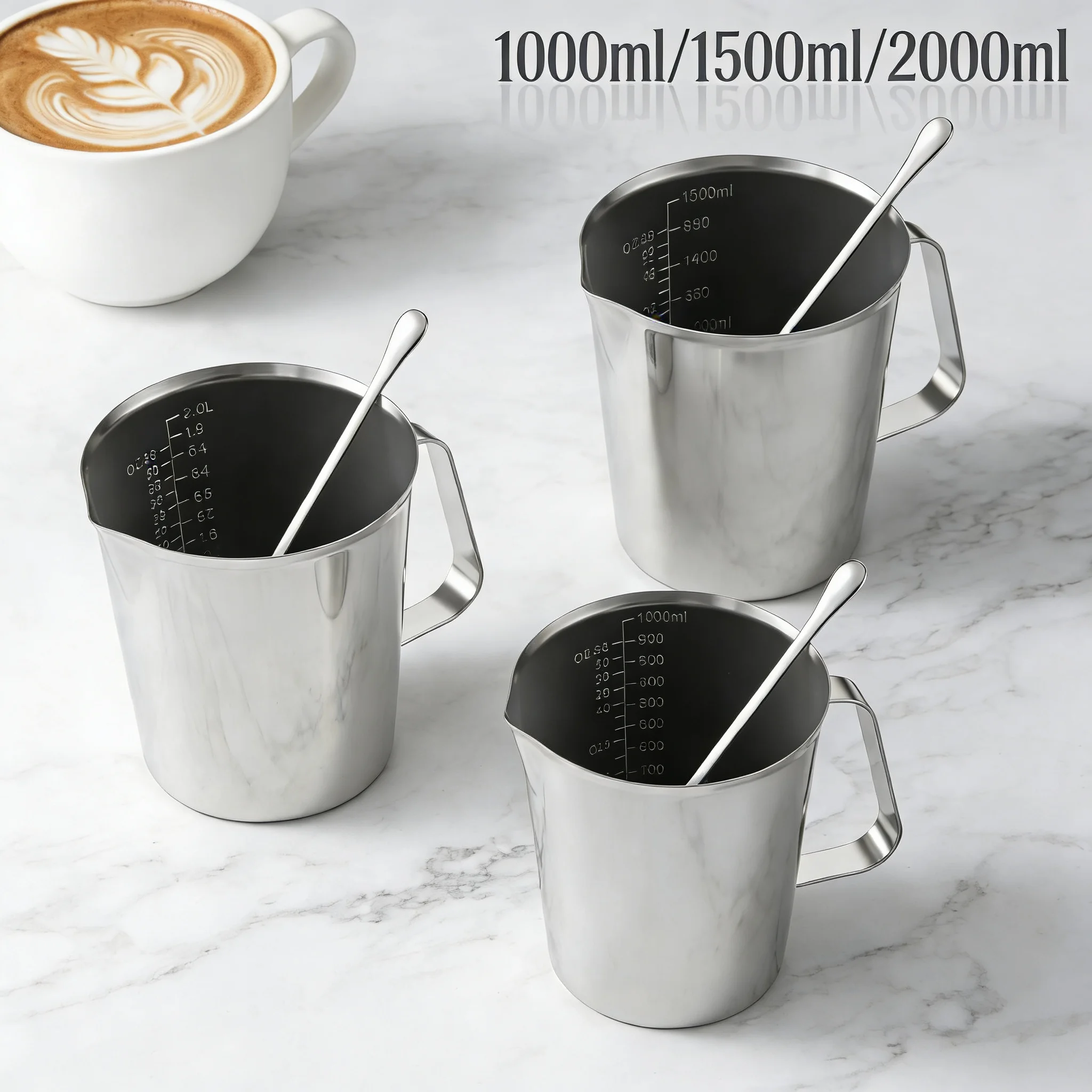 

Мерный стакан 1/1,5/2 л из нержавеющей стали для вспенивания молока с ложкой, кружка для эспрессо, кофейный кувшин для латте-арта, кухонный инструмент