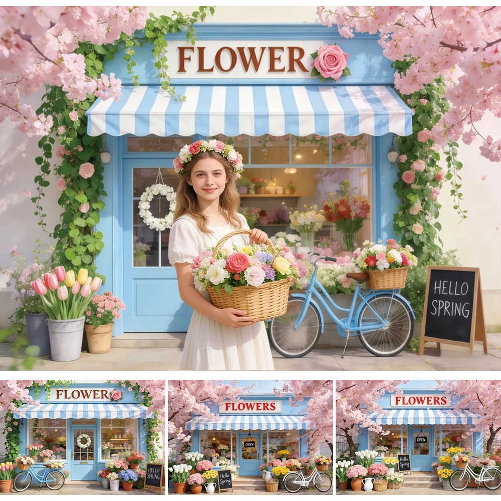 

Spring Flower Shop Photography Background Wedding Birthday Party Hello Spring Pink Flower Window Shop Photo Booth Backdrop Prop
