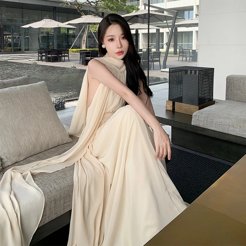 French Vintage Chiffon Long Party Dress Summer Fairy Evening Dress Sexy Backless Vesidos Women\'s Wedding Dresses Female Clothing