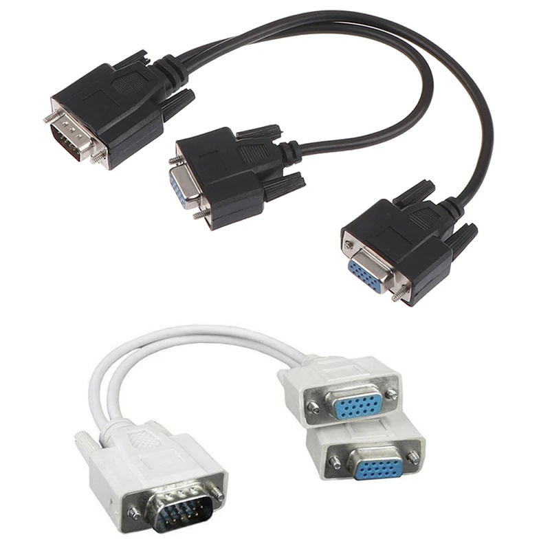 1Pcs 15Pin VGA Male To 2 Vga Svga Female Adapter Splitter Video Monitor Cable Black White Random Color