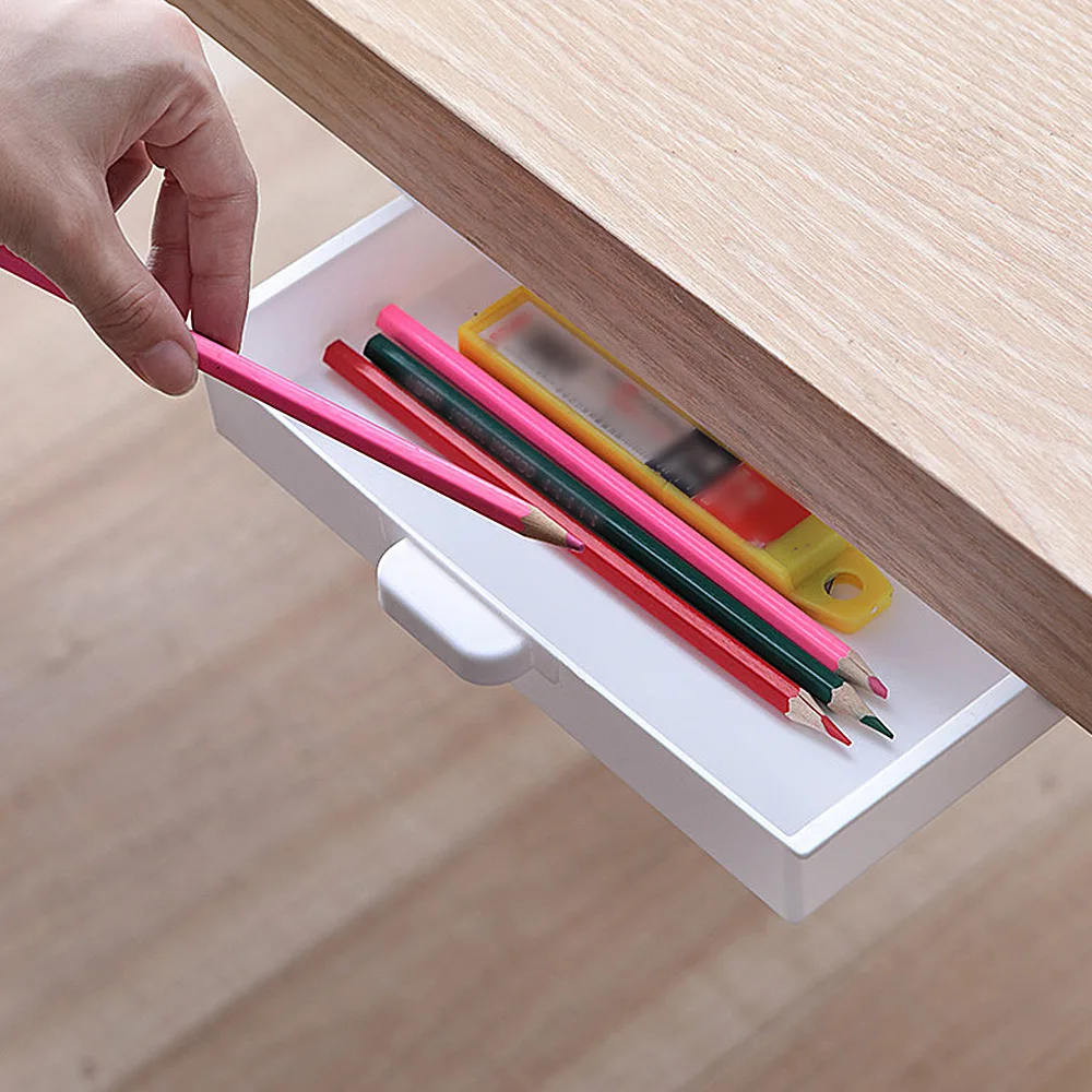 Caja de almacenamiento autoadhesiva debajo de la Mesa, organizador de maquillaje debajo del escritorio, cajón de almacenamiento, almacenamiento de papelería