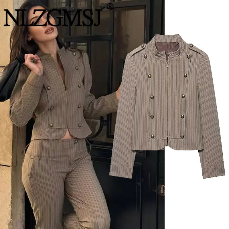 Nlzgmsj 2026 Spring Autumn Women Trendy Striped Button Decoration Blazer New Fashion Slim Office Lady Blazer