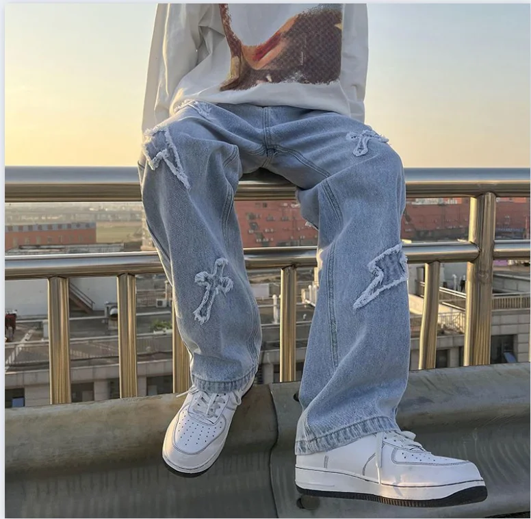 Trendy Straight-leg Denim Jeans For Men Summer Style  Streetwear Wide Leg Dragging Long Pants